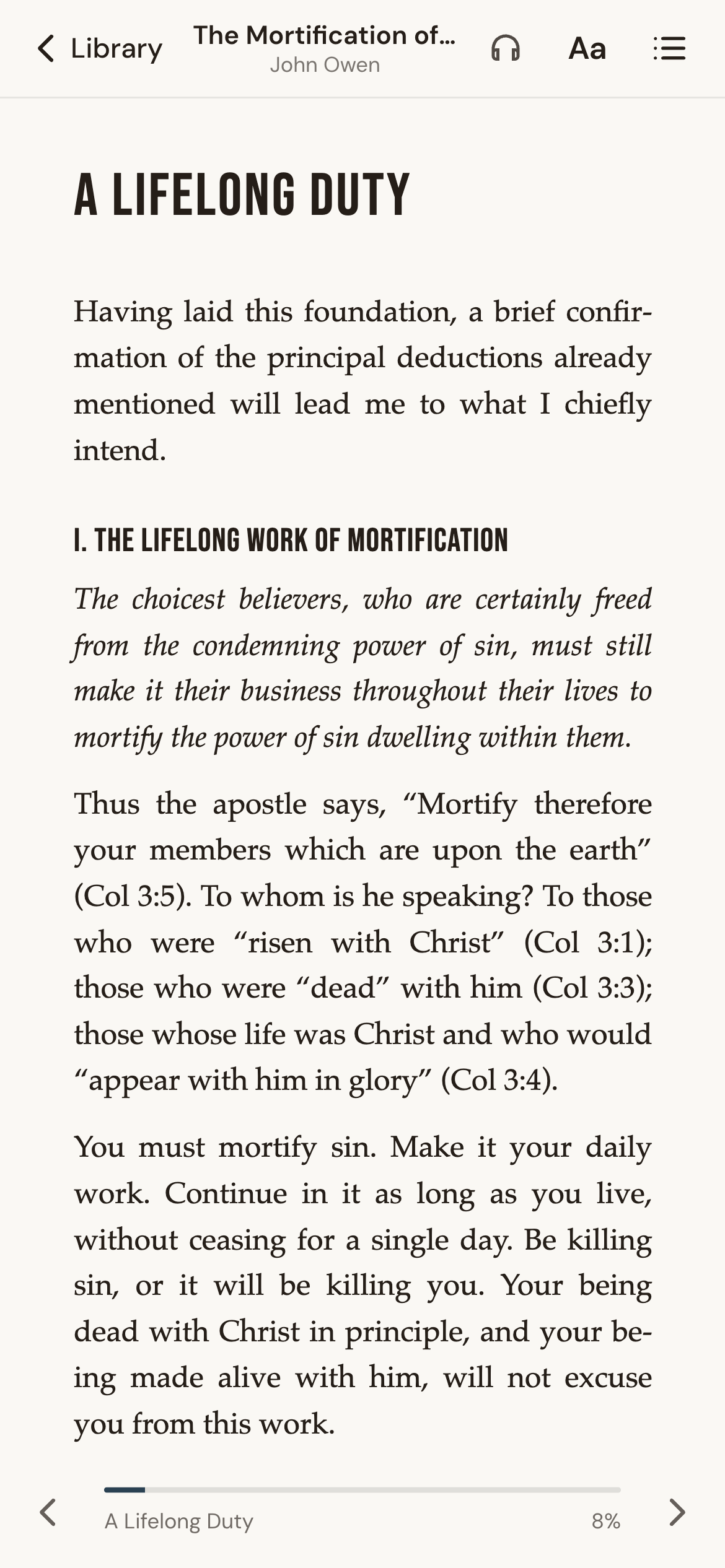 The in-app reader on a phone, mid-chapter of The Mortification of Sin in modern English