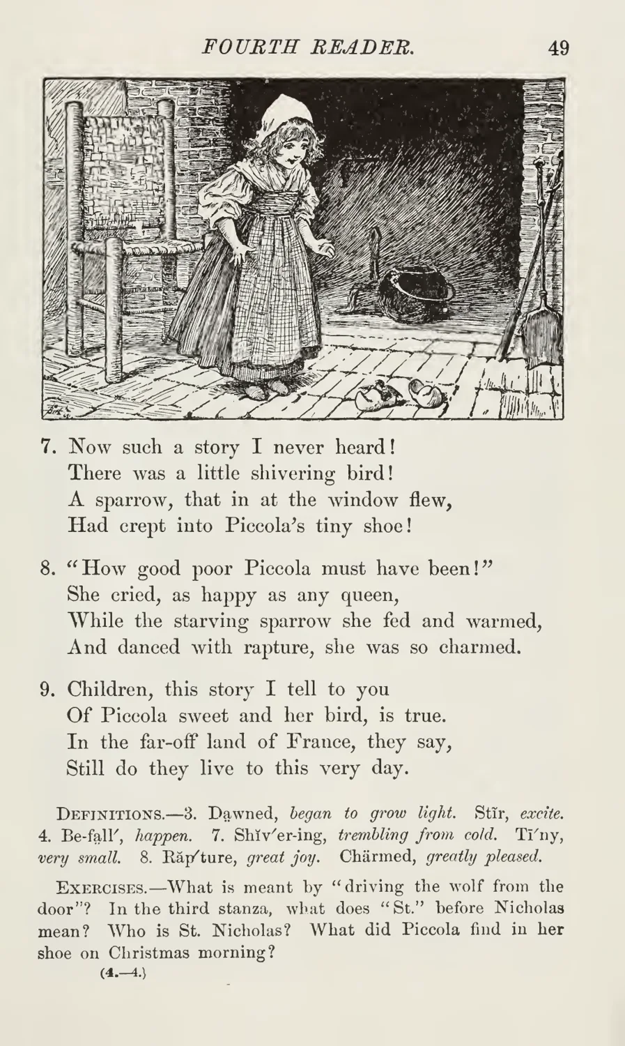 Page 49 of McGuffey's Fourth Reader as it appears in the archive scan: yellowed paper, grey type, a soft engraving of a girl by a hearth